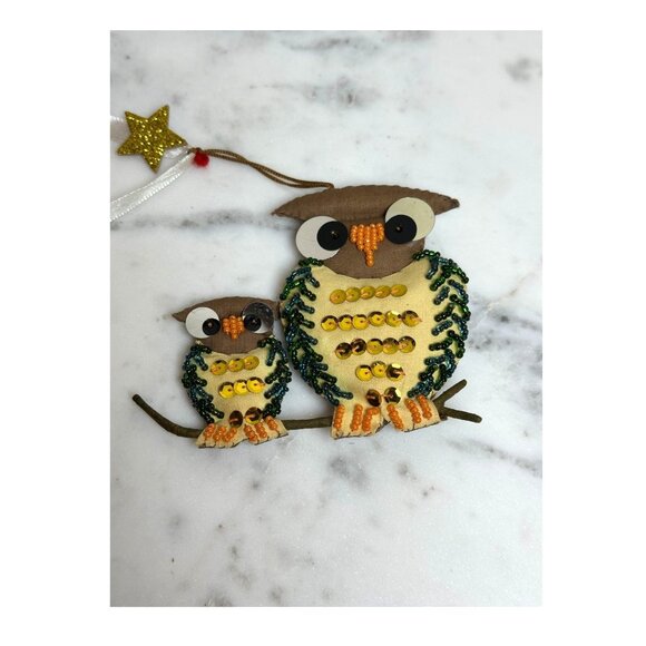 Handcrafted Owl Mommy & Baby Ornament With Sequins & Ribbon Fall Winter Decor - Picture 4 of 4